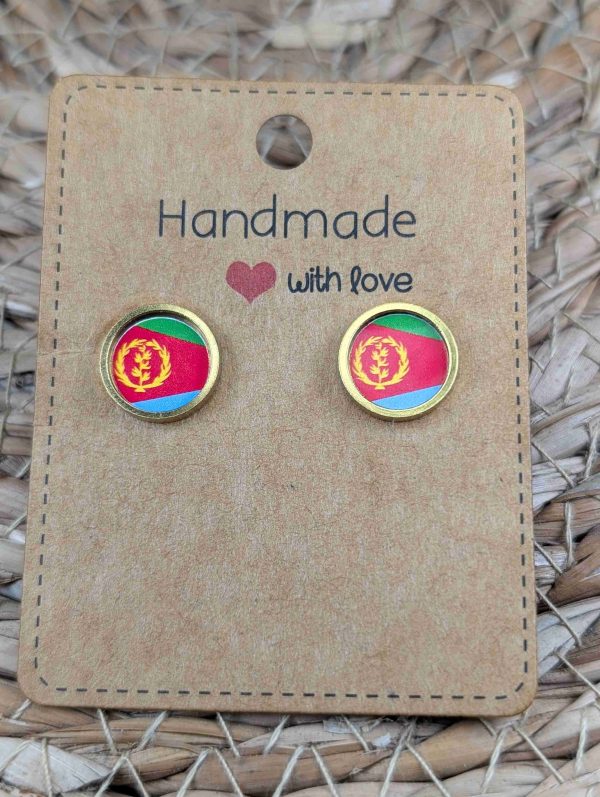 Eritrea Flag Stud Earrings - Handmade - Gold or Silver Colour - 12mm resin Gold Colour