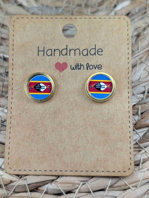 Eswatini Flag Stud Earrings - Handmade - Gold or Silver Colour - 12mm resin Gold Colour