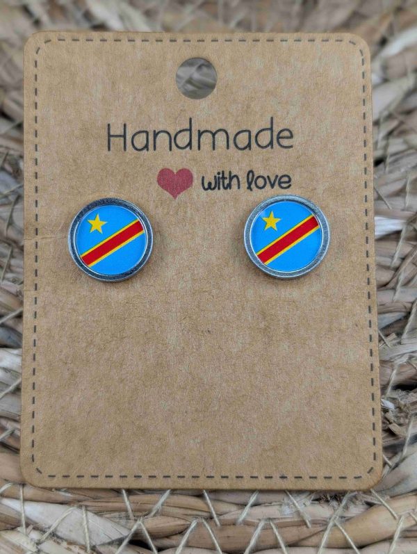 Democratic Republic of the Congo Flag Stud Earrings - Gold or Silver Colour - 12mm resin Silver colour