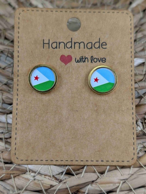 Djibouti Flag Stud Earrings - Handmade - Gold or Silver Colour - 12mm resin Gold Colour