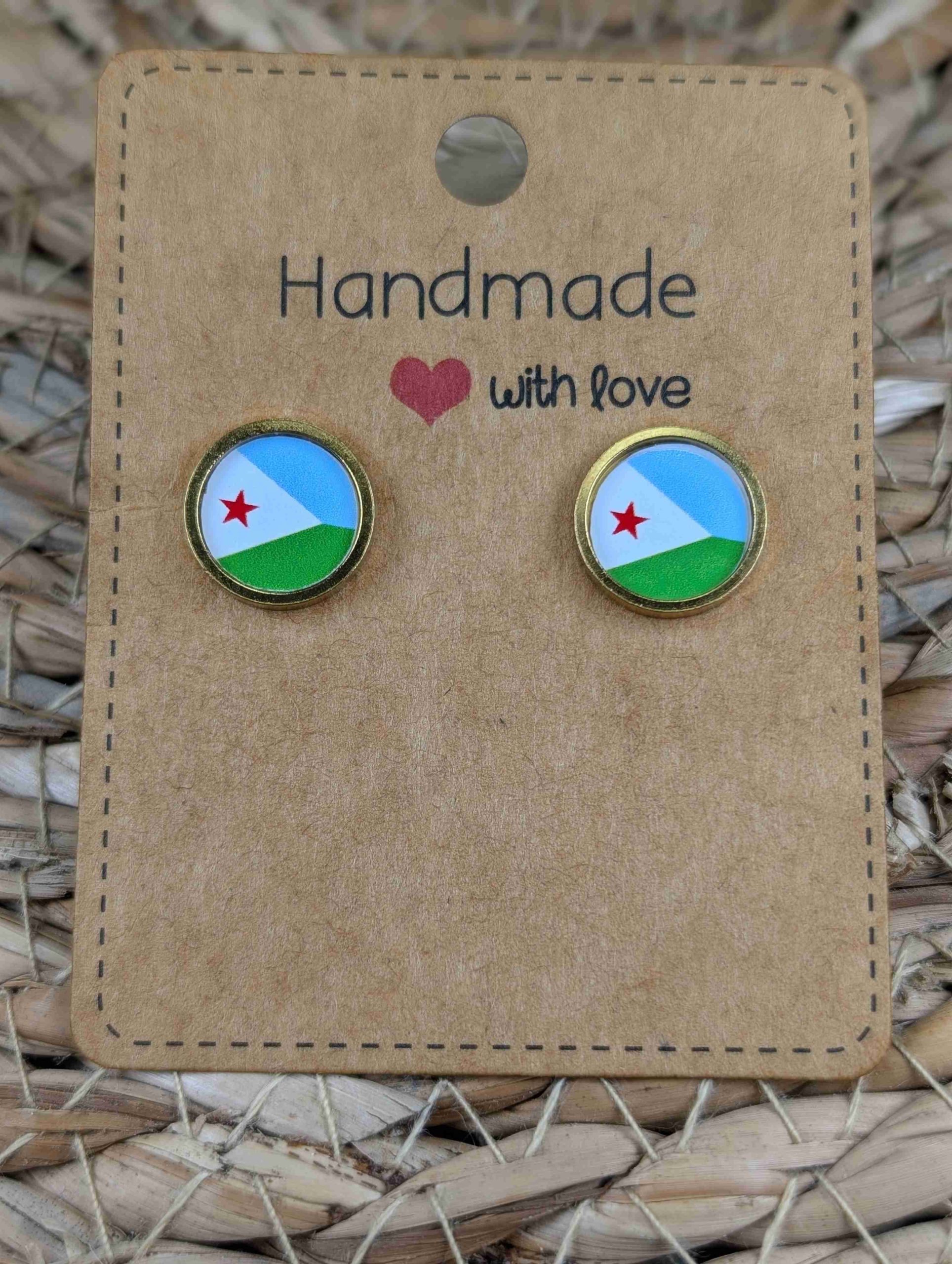 Djibouti Flag Stud Earrings - Handmade - Gold or Silver Colour - 12mm resin Gold Colour