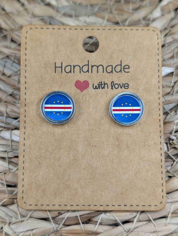 Cabo Verde Flag Stud Earrings - Handmade - Gold or Silver Colour - 12mm resin Silver Colour