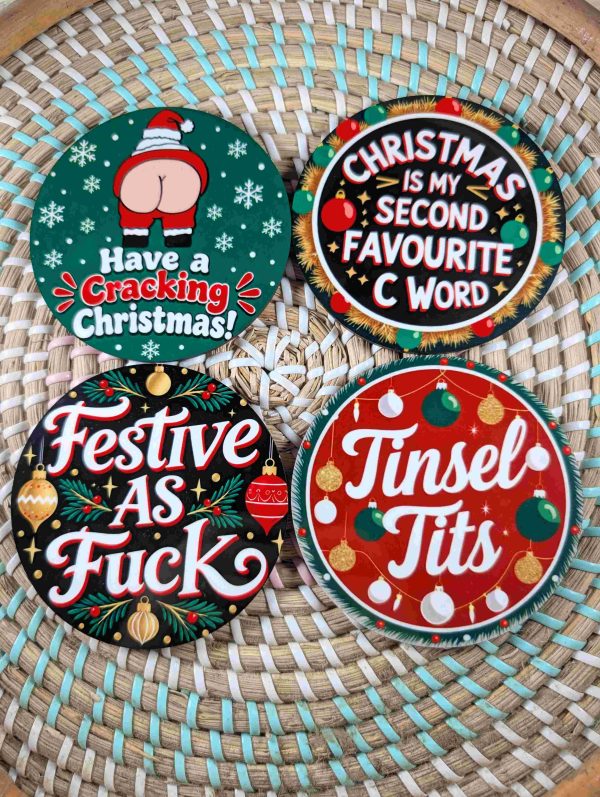 4 x Christmas - Funny Adult Wooden Coaster Set - Handmade - Circle