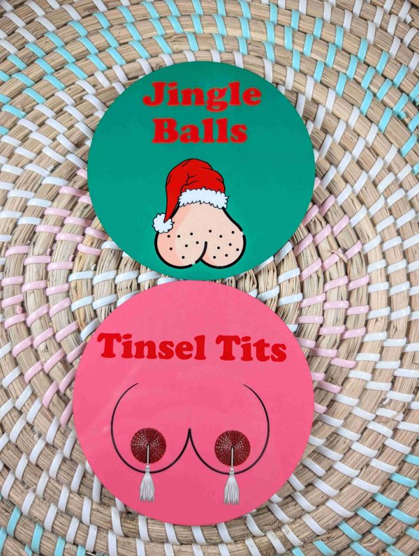 Funny Christmas Wooden Coaster Set – Jingle Balls & Tinsel Tits – Cheeky Festive Gift – Handmade