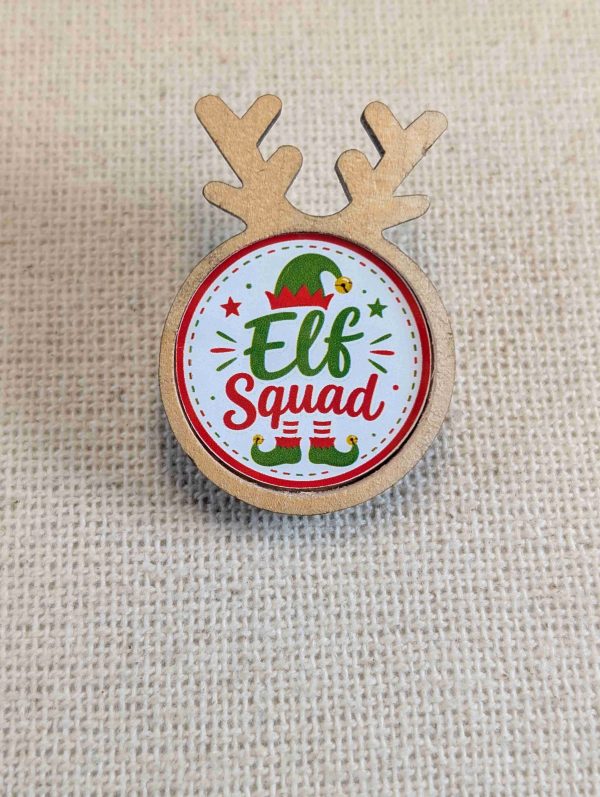 Elf Squad - Funny Christmas Reindeer Wooden Pin Badge - Adult Humour