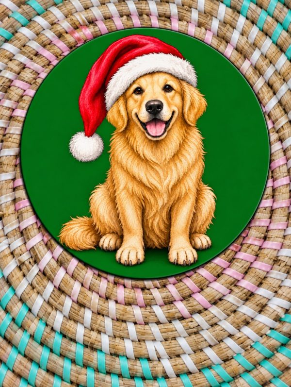 Christmas Golden Retriever Wooden Coaster - Festive Santa Hat Dog Design - Handmade - Circle